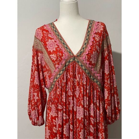 Free People moon child printed crochet inset colorful maxi top M - Picture 4 of 12